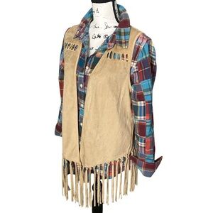 American Rag Western Rancher Vest Cowgirl Fringed Faux Suede Tan open Womens M